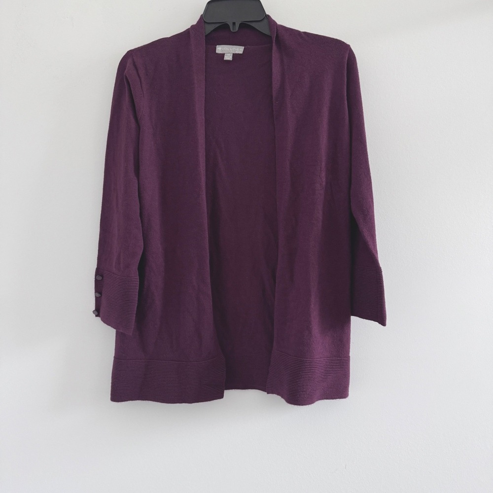 Volution By Cyrus Cardigan Open Front Women Small Plum 3/4 Sleeve Ribbed Trim